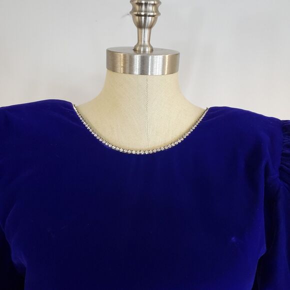 VTG 80s 90s Velvet Puff Sleeve Cocktail Dress Rhinestones Open Back Purple Retro - Picture 4 of 16